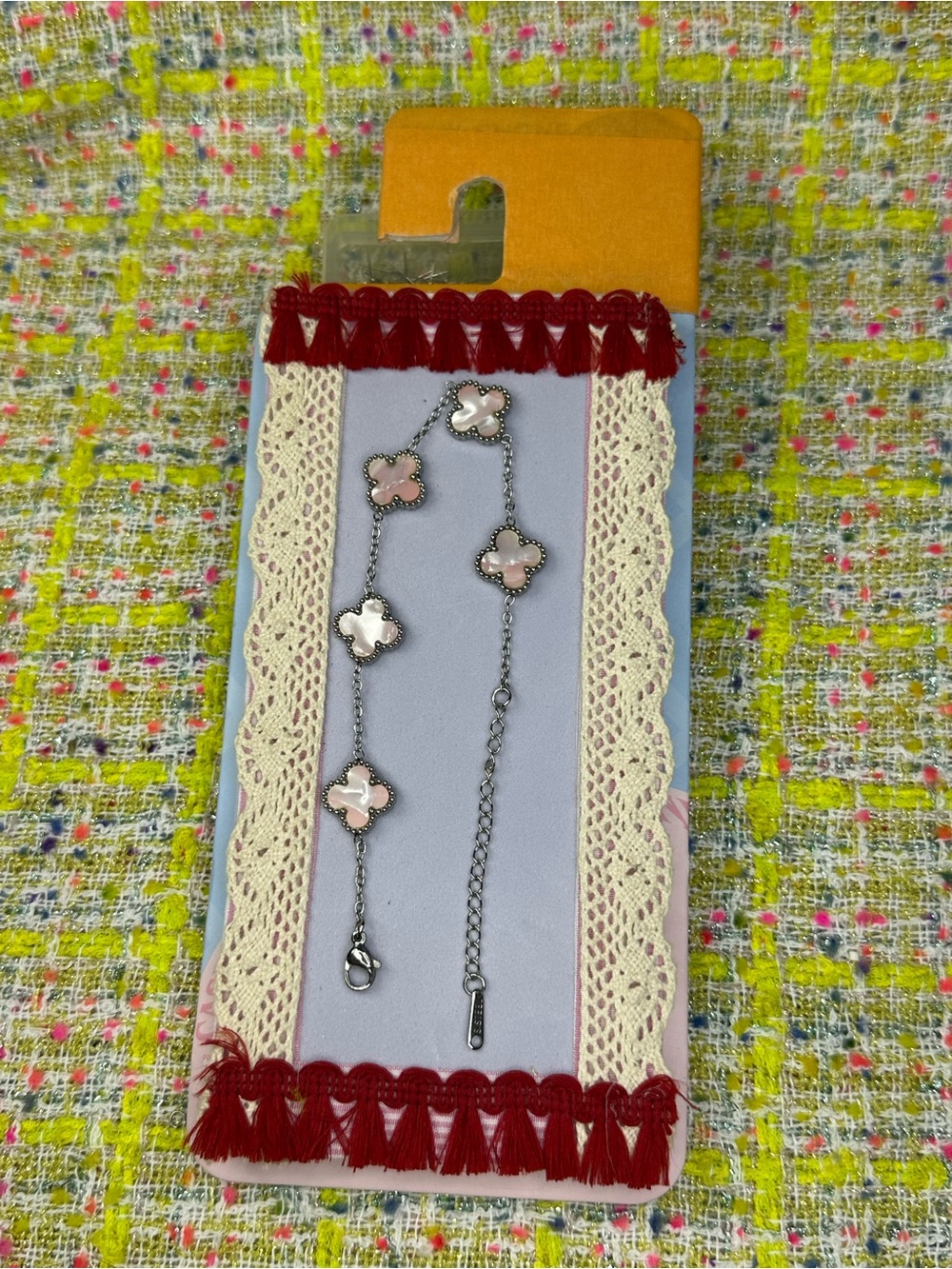 Silver Chain Bracelet with Pink Clover Accents